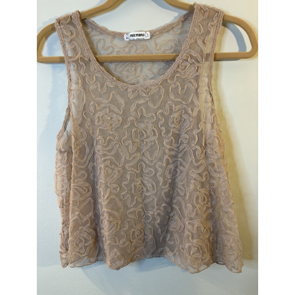 FREE‎ PEOPLE Beige Blush Mesh Lace Tank Top S A-line Coquette Romantic